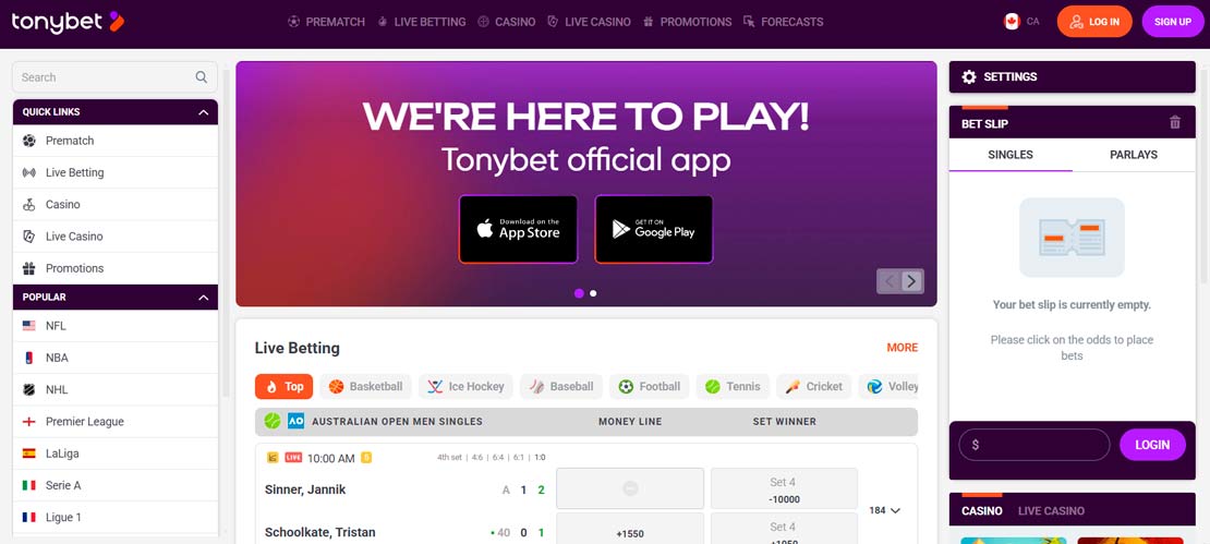 TonyBet casino screen